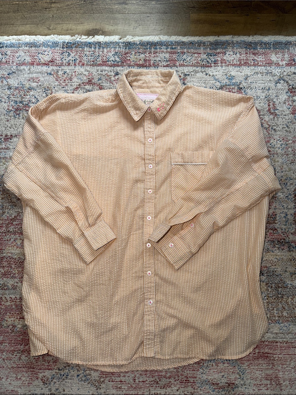 Free People Oversized Striped Seersucker Button Down in Orange & White Stripe-XS
